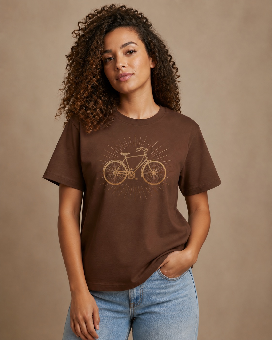 Camiseta café com estampa dourada de bicicleta vintage