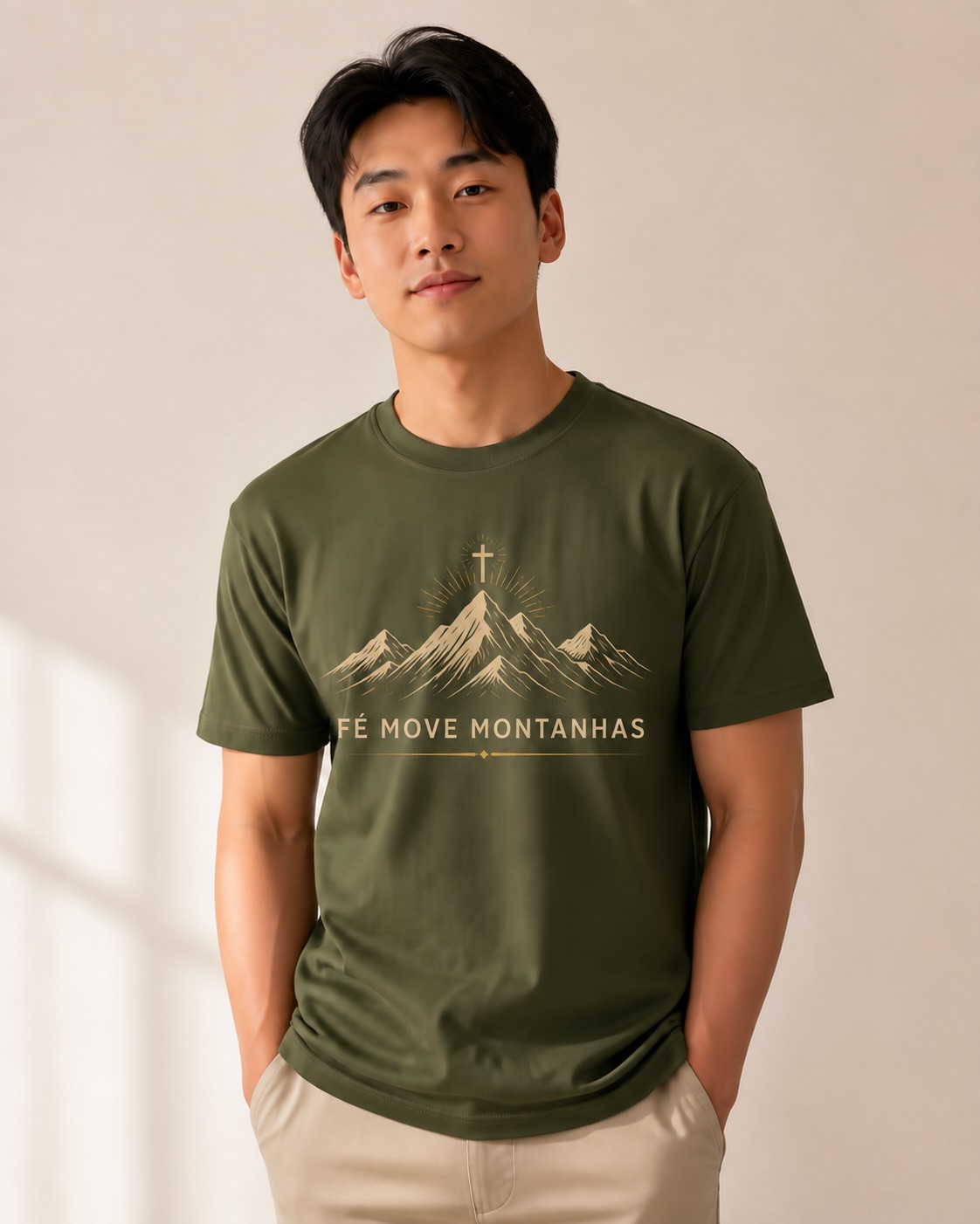 Camiseta verde oliva com estampa Fé Move Montanhas
