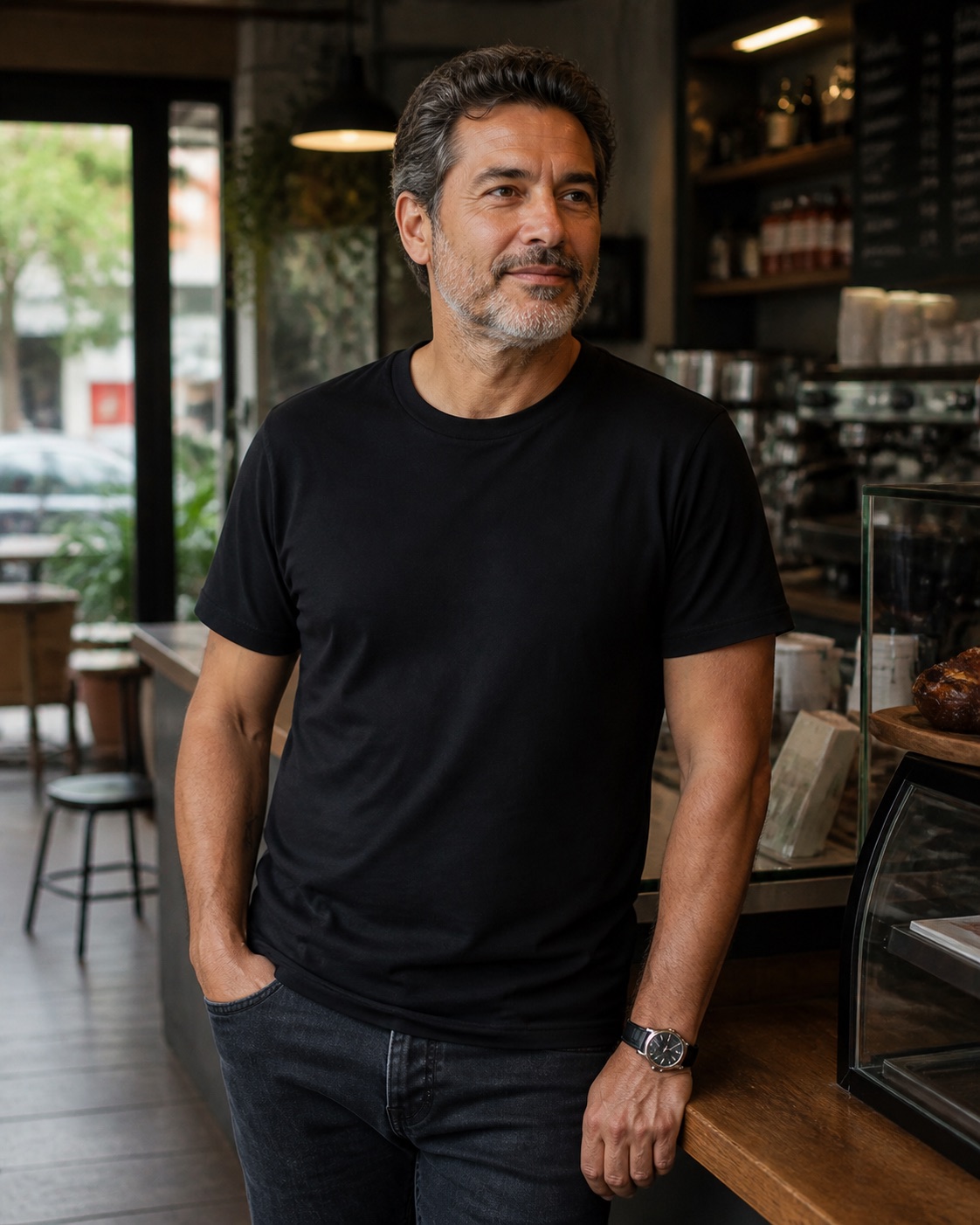 Cliente usando camiseta preta